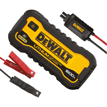 Dewalt 1600 Peak Amp Li-Po Battery Jump Starter, Portable Car Charging Port Adapter Set with Durable Power-Coated Metal Clamps and Storage Bag