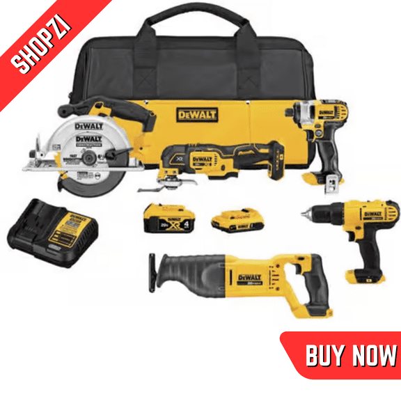 DeWalt 20V MAX Cordless Brushed 5Tool Combo Kit, Drill/Driver, Impact Driver, Circular Saw, Reciprocating Saw & LED Work Light, LithiumIon Batteries & Charger Included