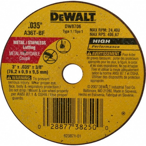 DeWalt DW8706 Metal & Stainless Fast Cutting Wheel, A36T, 3" x .035" x