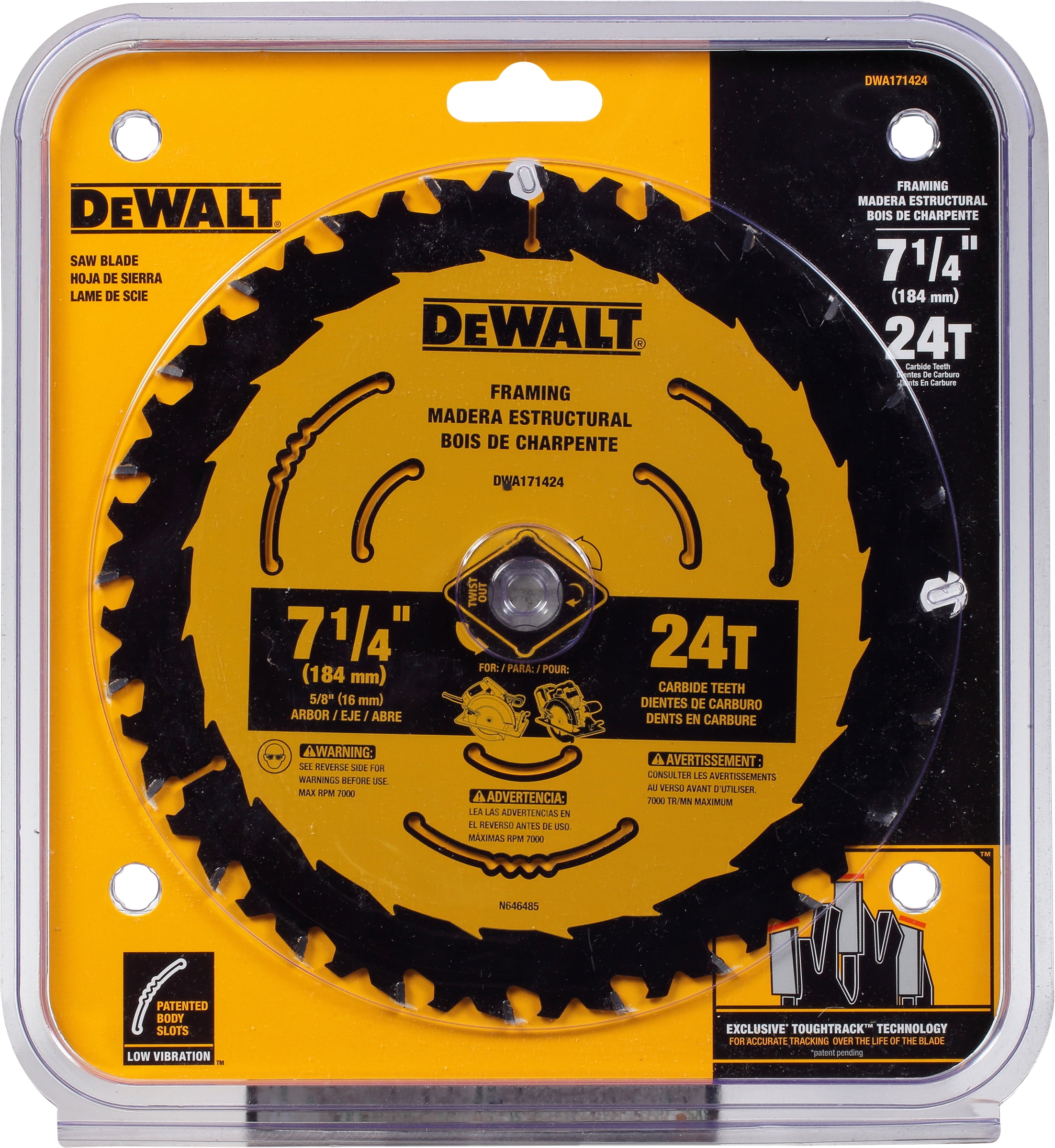 DeWalt DWA171424 Circular Saw Blade, Tungsten Carbide, 24Tooth x 71/4