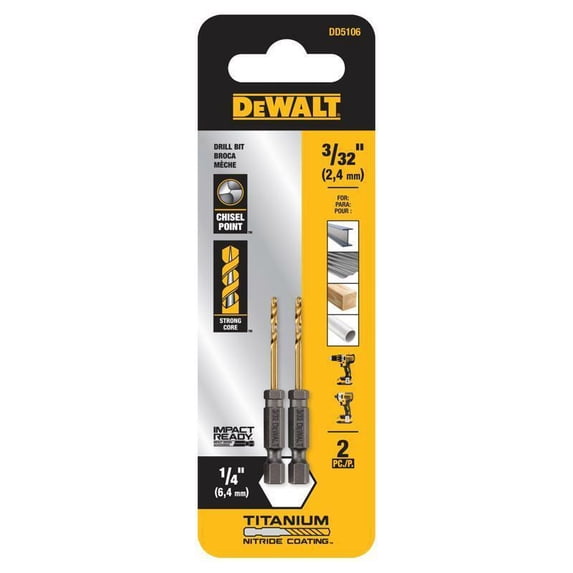 DeWalt Impact Ready 3/32 in. X 2-7/16 in. L Titanium Nitride Drill Bit 2 pc