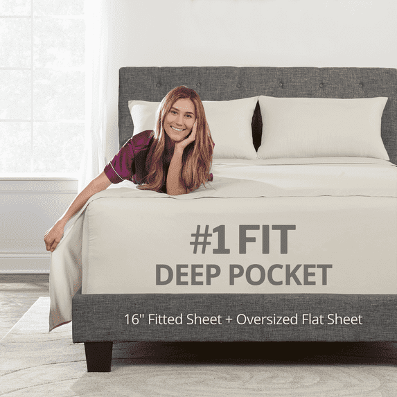 DeaLuxe Bedding 16” California King Extra Deep Pocket Sheet - Hotel Luxury Extra Soft Cooling Bed Sheet - 4 piece Bed Sheet Set - Perfectly Fit 14”-18” Inch Mattress - Light Beige Cream