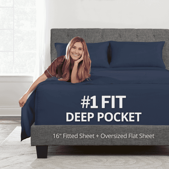 DeaLuxe Bedding 16” Full Size Extra Deep Pocket Bed Sheet - Hotel Luxury Extra Soft Cooling Bed Sheets - 4 Piece Bed Sheet Set - Perfectly Fits 14”-18” Inch Mattress - Navy Dark Blue