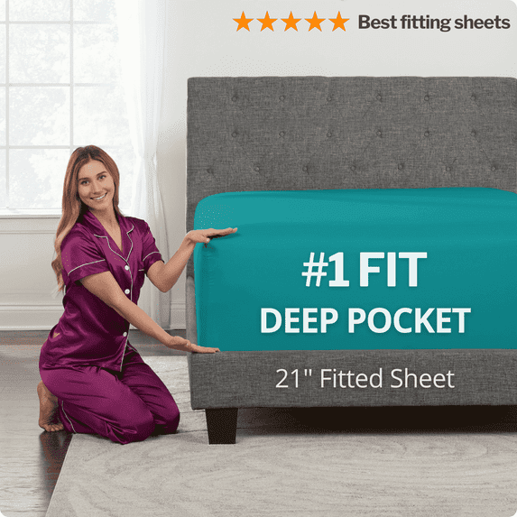 DeaLuxe Bedding 21” California King Size Deep Pocket Fitted Sheet 17” To 21” - Extra Deep Pocket Fitted Sheet for PIllowtop Mattresses - Breathable And Cooling Teal (Blue/Green)
