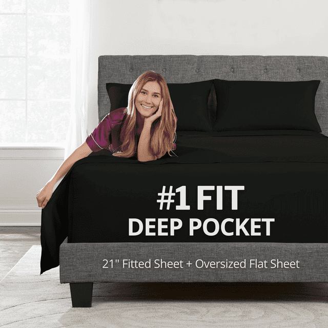 DeaLuxe Bedding 21” Full Size - Extra Deep Pocket Sheets - Super And Ultra Deep Bed Sheets - For Deep Mattress - 4 Piece Bed Sheet Set - Easily Fits Deep Mattress - Black
