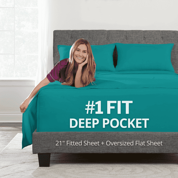 DeaLuxe Bedding 21” King Extra Deep Pocket Sheets - Deep King Fitted Sheet - Super And Ultra Deep Sheet - For Deep Mattress -4 Piece Bed Sheet Set - Easily Fits Deep Mattress - Teal (Blue/Green)