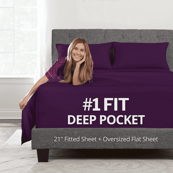 DeaLuxe Bedding 21” Queen Extra Deep Pocket Sheets - Super And Ultra Deep Bed Sheet- For Deep Mattress - 4 Piece Bed Sheet Set - Easily Fits Deep Mattress - Purple (Royal Grape)