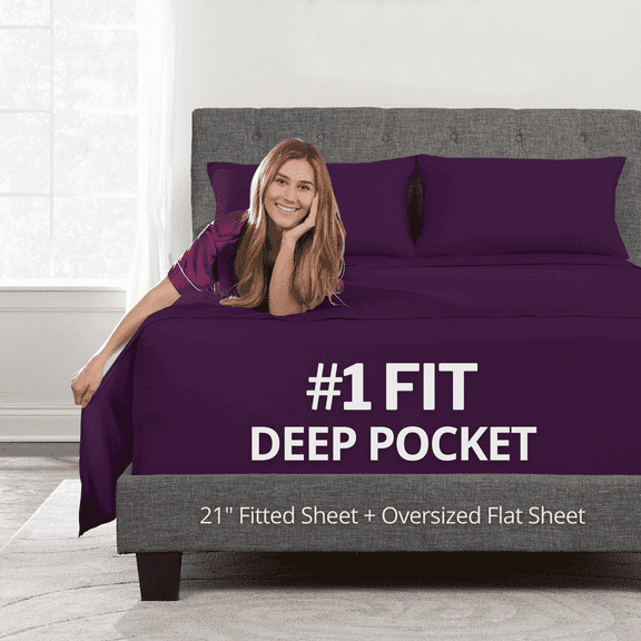 DeaLuxe Bedding 21” Queen Extra Deep Pocket Sheets - Super And Ultra Deep Bed Sheet- For Deep Mattress - 4 Piece Bed Sheet Set - Easily Fits Deep Mattress - Purple (Royal Grape)