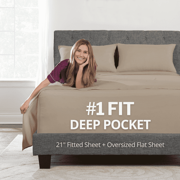 DeaLuxe Bedding 21” Queen Extra Deep Pocket Sheets - Super And Ultra Deep Bed Sheet- For Deep Mattress - 4 Piece Bed Sheet Set - Easily Fits Deep Mattress - Taupe Sand