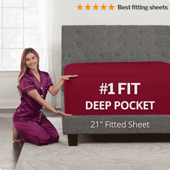 DeaLuxe Bedding 21” XL Twin Deep Pocket Fitted Sheet Only - 1 Pack Deep Adjustable Bed Sheet - Red (Passion)