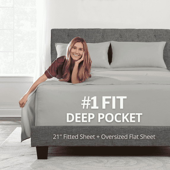DeaLuxe Bedding California King 21” Extra Deep Pocket Sheets- Easily Fits Extra Deep Mattress - 4 Piece Bed Sheet Set - Super And Ultra Deep Sheets - Silver Light Gray