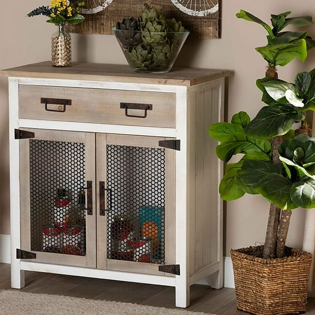 Deacon Rustic Industrial Farmhouse Weathered Two-Tone White and Oak Brown Finished Wood 2-Door Storage Cabinet