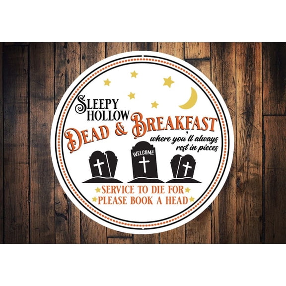Dead and Breakfast Vintage Halloween Sign Halloween Wreath Signs Front Door Wreath Add Ons Porch Halloween Sign Halloween Metal SignSize: 12 x 12 inch