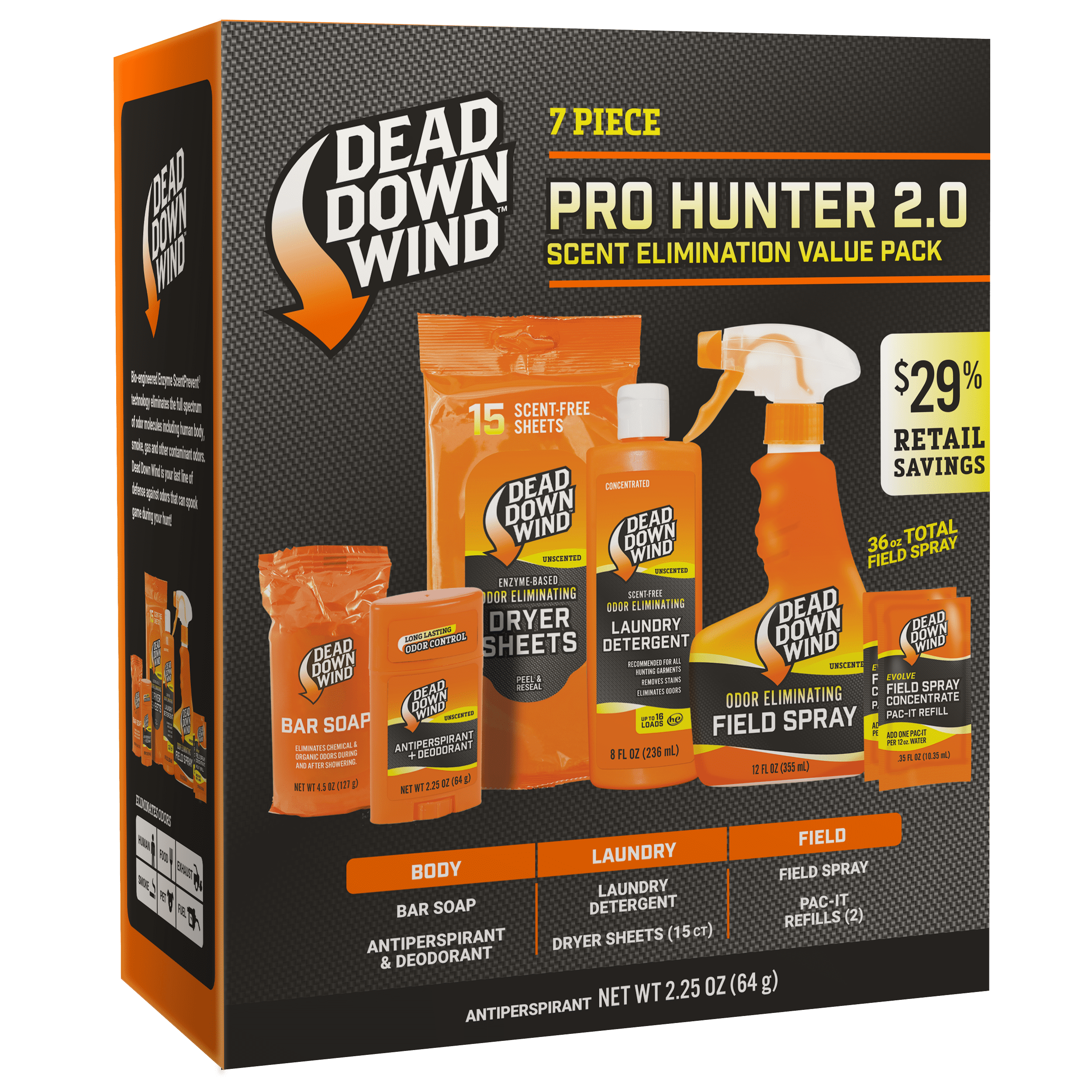 Dead Down Wind Pro Hunter 2.0 7-Piece Kit Complete System of Scent Elimination for Body, Clothing and Field Use