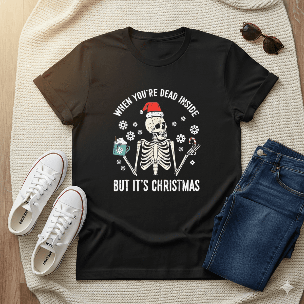 Dead Inside But Its Christmas Skeleton Coffee Funny Unisex Tee