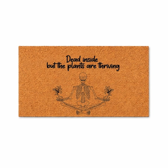 Dead Inside But The Plants Are Thriving, Meditating Skeleton Holding Plants Design Doormat - Brown Coir PVC Outdoor Doormat (18x30 inches) 4052