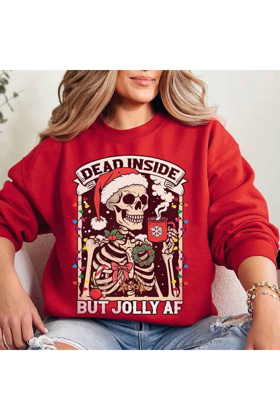Dead Inside Skeleton Christmas Sweatshirt, Coffee Lover Christmas Sweater, Dead Inside But Jolly AF Shirt, Skeleton Christmas Lights Shirt ,Red Color,Size L