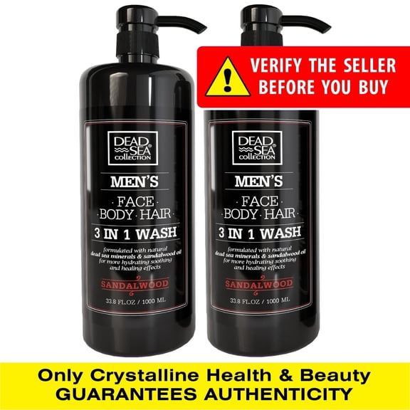 Dead Sea Collection Men's 3-in-1 Body Wash, Shampoo & Face Wash – Sandalwood, Dead Sea Minerals, Pack of 2, 33.8 fl oz Each