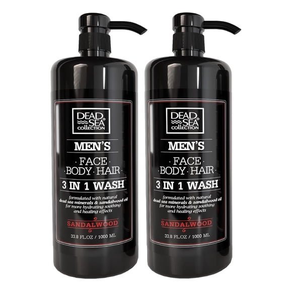 Dead Sea Collection Men's 3-in-1 Body Wash, Shampoo & Face Wash – Sandalwood, Dead Sea Minerals, Pack of 2, 33.8 fl oz Each