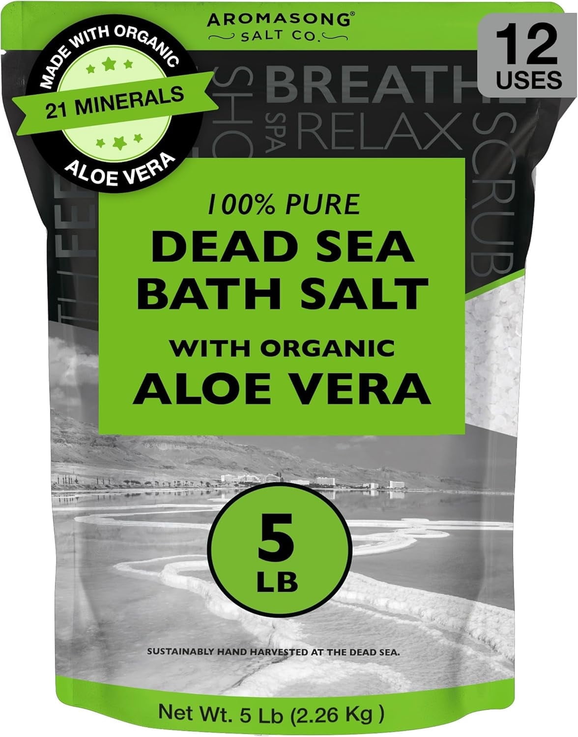 Aromasong Dead Sea Salt with Aloe Vera, 5 lb Fine Grain Bath Salt, 100% Natural, Resealable Pack for Soak & Scrub