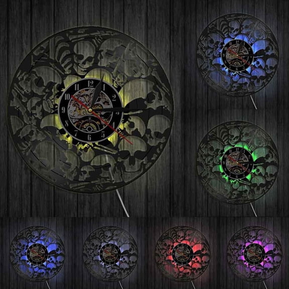 Dead Skeletal Heads Wall Clock Make Of Vinyl Record Vintage Hanging Piled Skulls Wall Art Halloween Horror Decor Vinyl Clock With LED