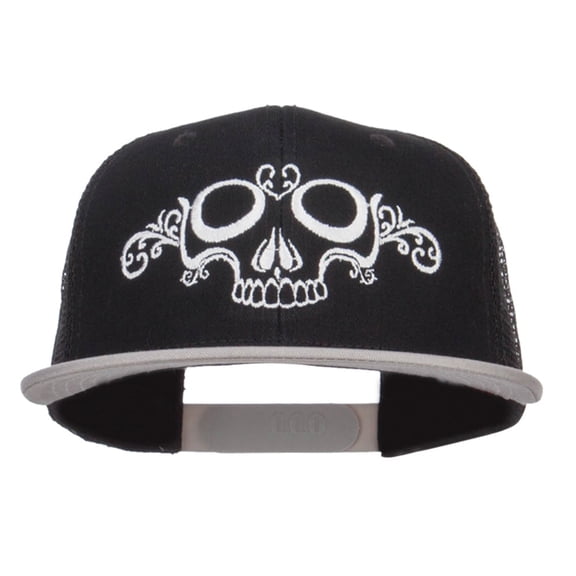 Dead Skull Art Embroidered Mesh Snapback - Grey Black OSFM
