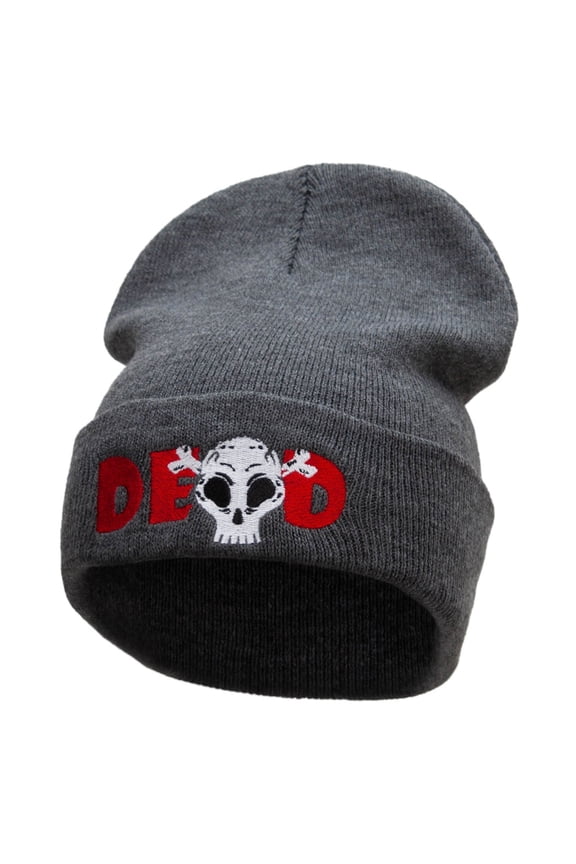 Dead Skull Embroidered 12 Inch Long Knitted Beanie - Dk Grey OSFM