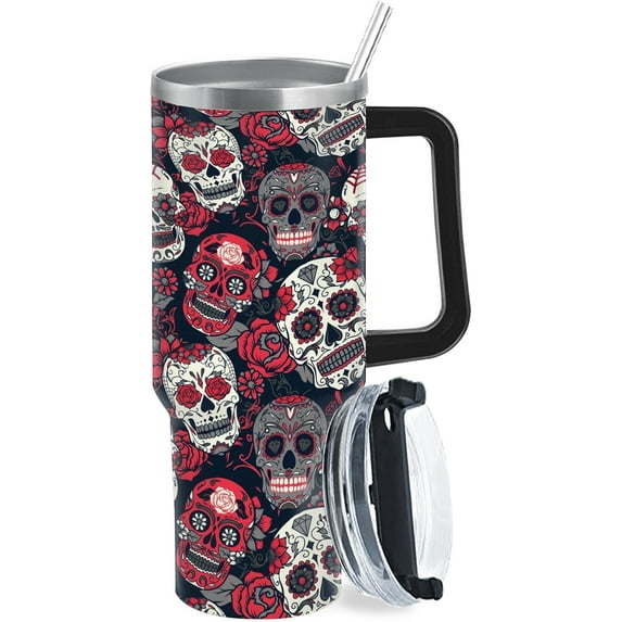 Dead Skull Floral Colorful Sugar 40oz Tumbler With Handle Gifts For Friends Ice Coffee Tumbler With Lids For Camping