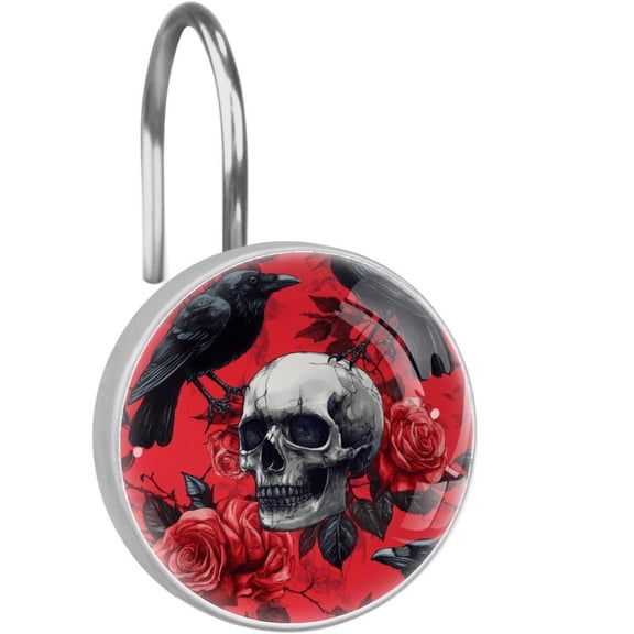 Dead Skull Raven Roses on Red Shower Curtain Hooks Round Crystal Glass, Set of 12 Shower Curtain Rings - Shower Hooks for Curtain Shower Rings