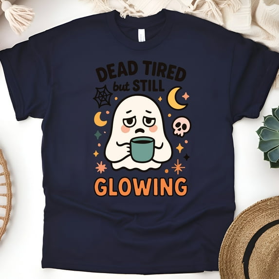 Dead Tired But Still Glowing Ghost Graphic Tee Unisex T-Shirt, Navy, Size M
