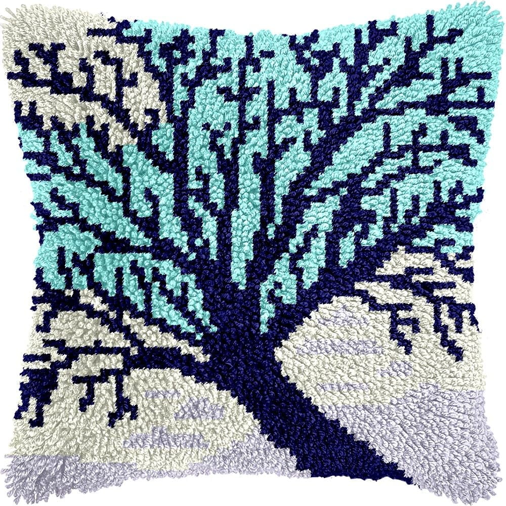 Dead Tree Latch Hook Pillow Cover Kits for DIY Handmade Throw Pillow Cross Stitch Latch Hooking Pillowcase Kits with Preprinted Color Pattern Canvas Crochet Yarn Kits 17''X 17''(7-46)