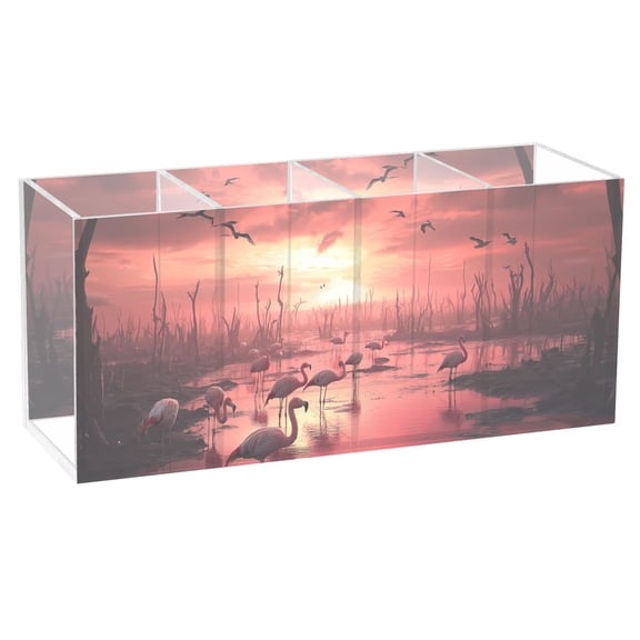 Dead Trees and Flamingos Acrylic Pencil Pen Holder Cup 4 Compartments Desktop Organiser 7.87"x2.78"x3.54"