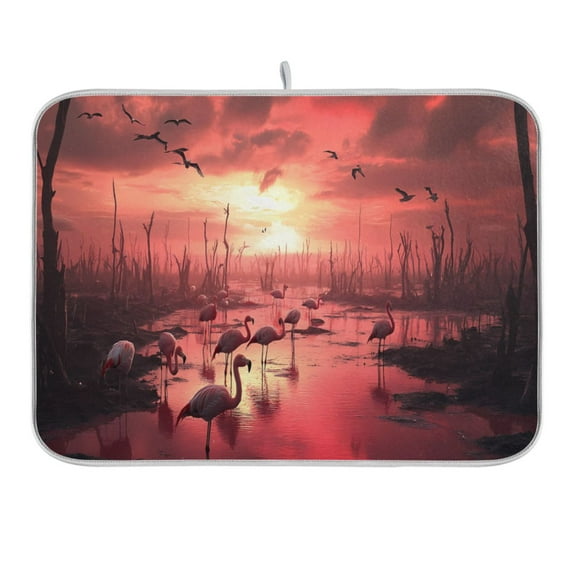 Dead Trees and Flamingos Dish Drying Mat 16x18 Absorbent Microfiber Draining Rack Pad for Kitchen Counter Sink