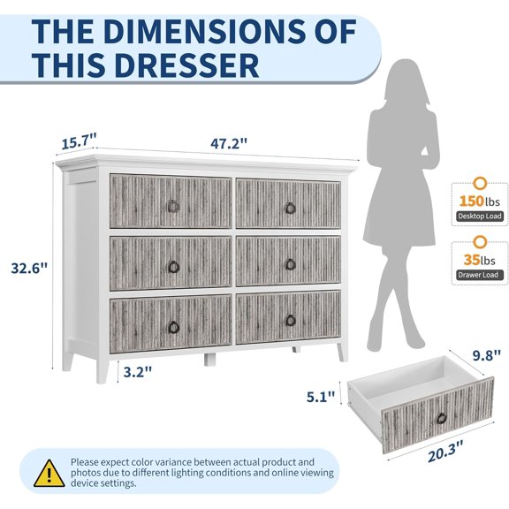 Dead Wood Modern 6-Drawer Dressing Table, 47-inch Wide Wooden Storage, Wave-Grooved , Ample Storage, Ideal for Bedrooms, Living Rooms & Entryways