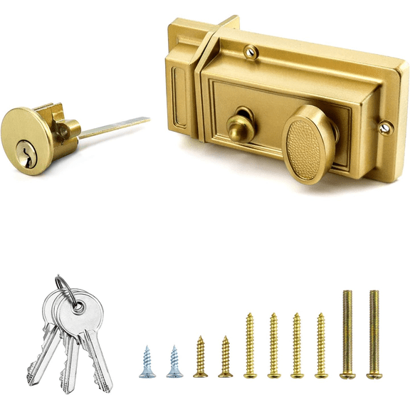 Deadbolt Rim Lock with Key Gold Finish Antique Style Lock with Front