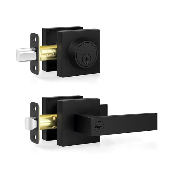 Deadbolt and Entry Door Handle Set 1 Pack Matte Black Modern Square