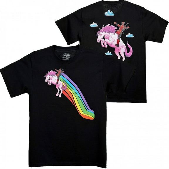 Deadpool 849469-medium Flying High on a Unicorn Front & Back Mens T-Shirt, Black - Medium