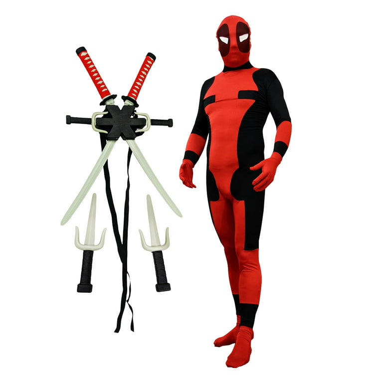 Deadpool Adult Costume With Weapon Kit Halloween Spandex Suit Swords Knives  Prop
