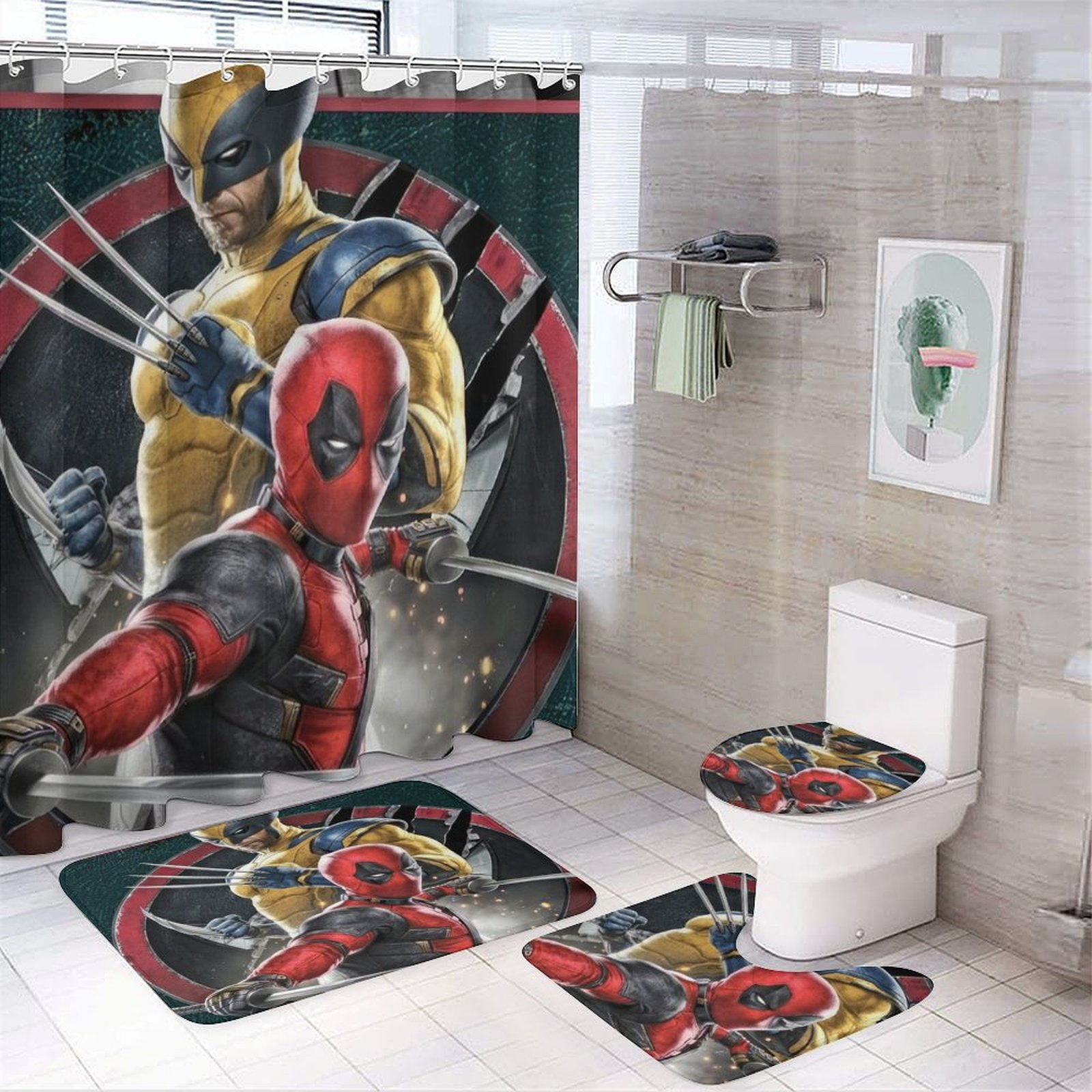Deadpool And Wolverine Shower Curtain Set with Rugs Toilet Lid Cover, Shower Curtain with 12 ...