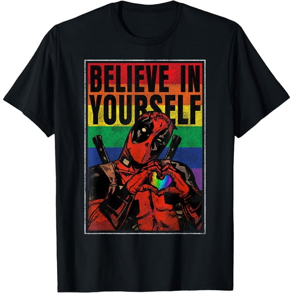 Deadpool Believe In Yourself Rainbow Poster DTG Print Unisex T-Shirt,Black Color,Size M