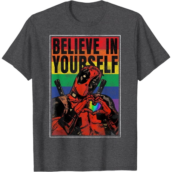 Deadpool Believe In Yourself Rainbow Poster DTG Print Unisex T-Shirt,Dark Heather Grey Color,Size 2XL