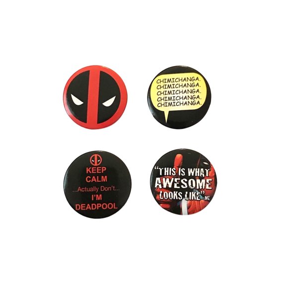 Deadpool Button Set of 4 Comic Book Pins Chimichanga, Keep Calm Gift Pin Set