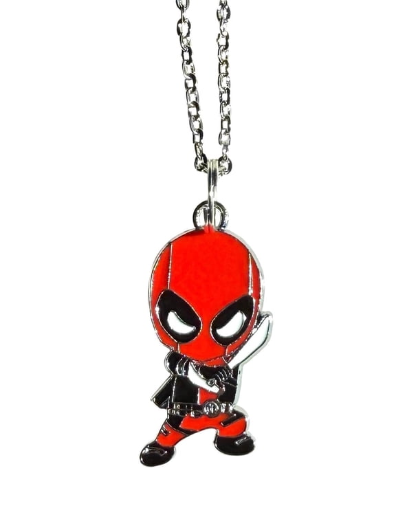 Deadpool Enamel Figure Pendant Necklace, Comic Character Jewelry in Small Velvet Bag