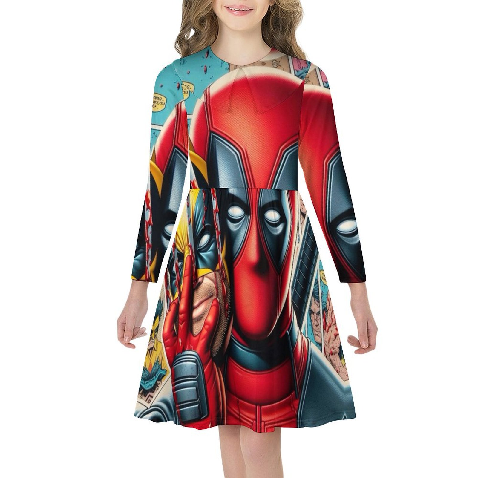 Deadpool Girls Dress Printed Casual Party Long Sleeve Pleated Twirl ...