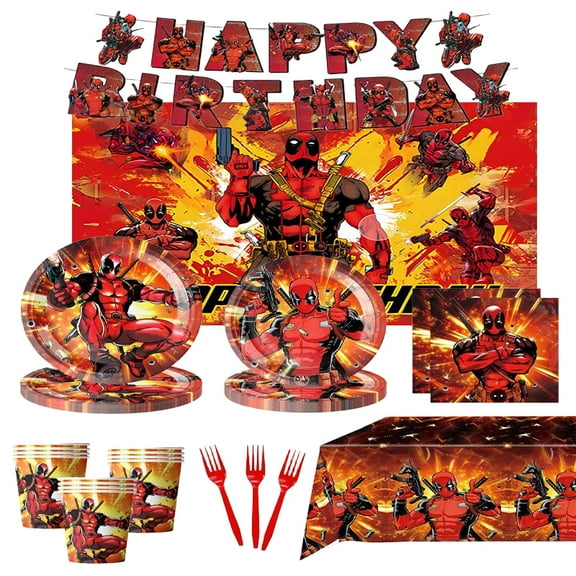 Deadpool Happy Birthday Decorations - Superhero Party Set, includes plates, napkins, banner, cups