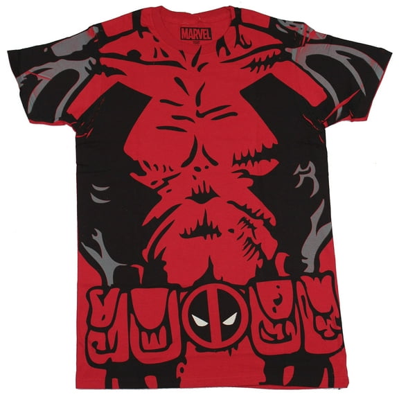 Deadpool (Marvel Comics) Mens T-Shirt - Abbed Up Red costume Front (Medium, Red)