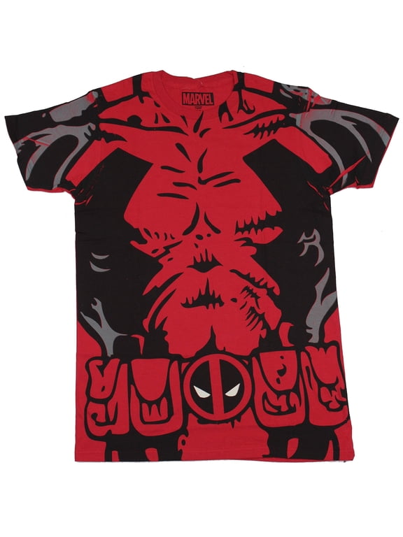 Deadpool (Marvel Comics) Mens T-Shirt - Abbed Up Red costume Front (Medium, Red)