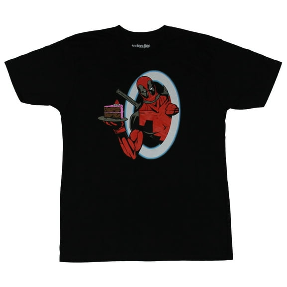 Deadpool (Marvel Comics) Mens T-Shirt - Portal popping Cake Serving Wade Image (Medium)