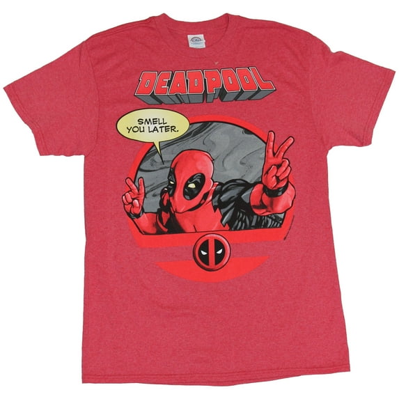Deadpool (Marvel Comics) Mens T-Shirt - Smell Ya Later Peace Finger Circle Image (Medium)