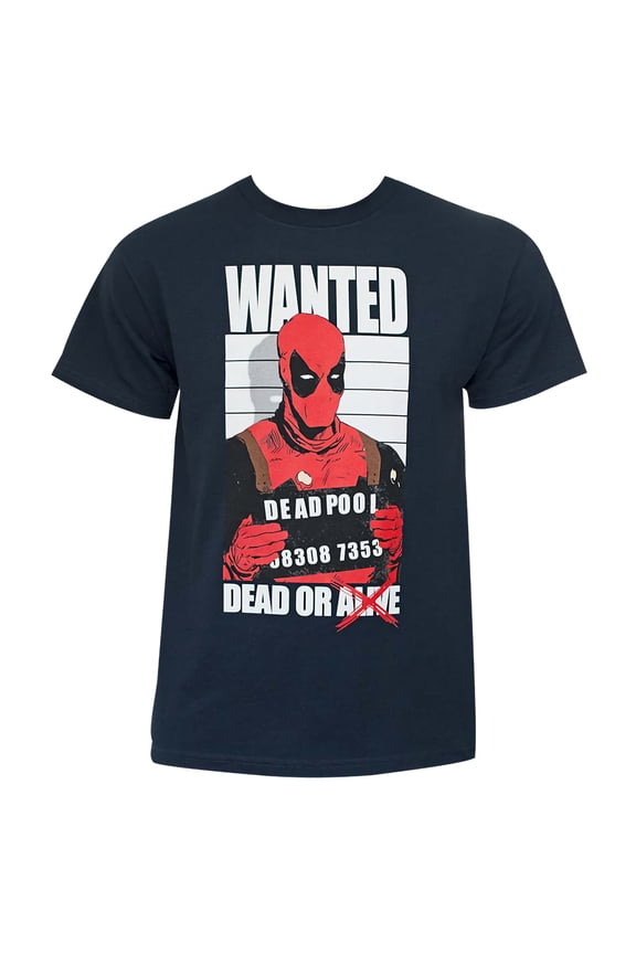 Deadpool (Marvel Comics) Mens T-Shirt - Wanted Dead or Dead Mugshot Image